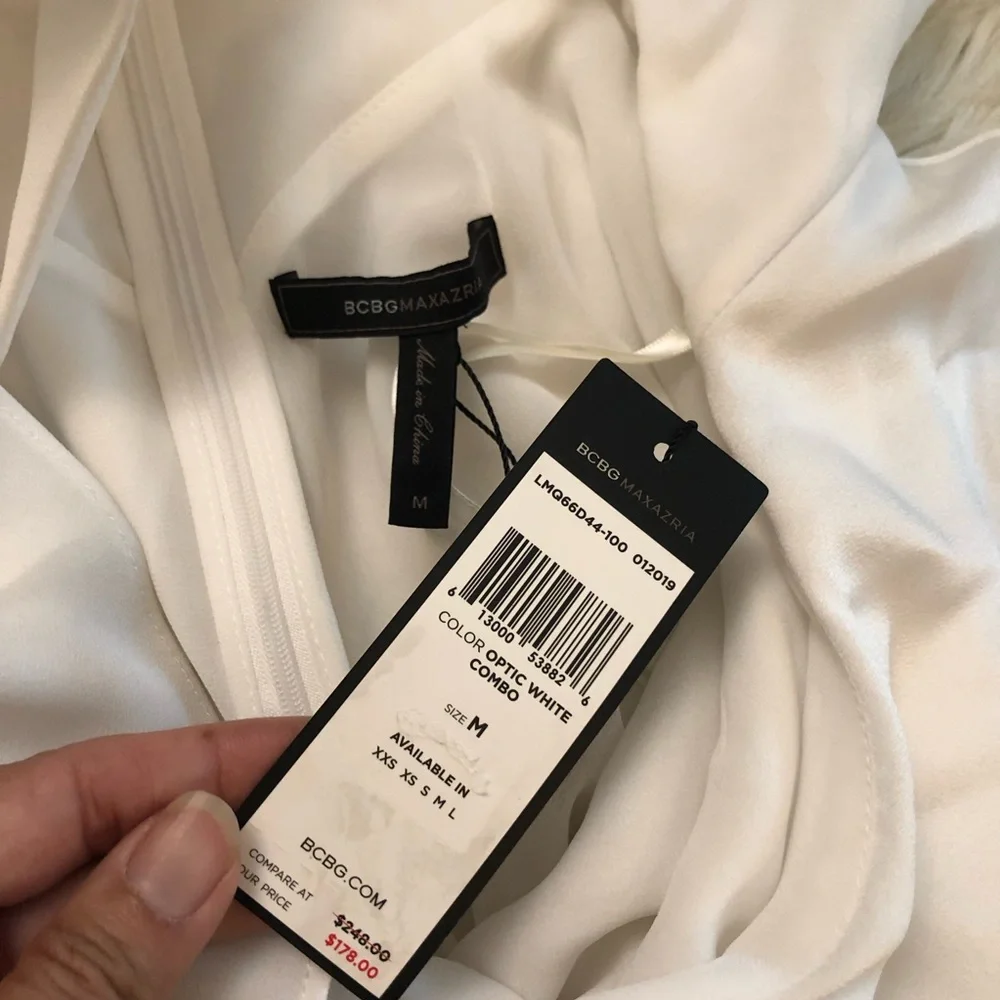 BCBG MAXAZRIA Jenni Ruffle Shoulder Racerback Chiffon White Shift Dress M NWT - Picture 11 of 14